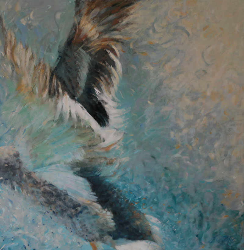 A painting of a mallard/duck taking off.