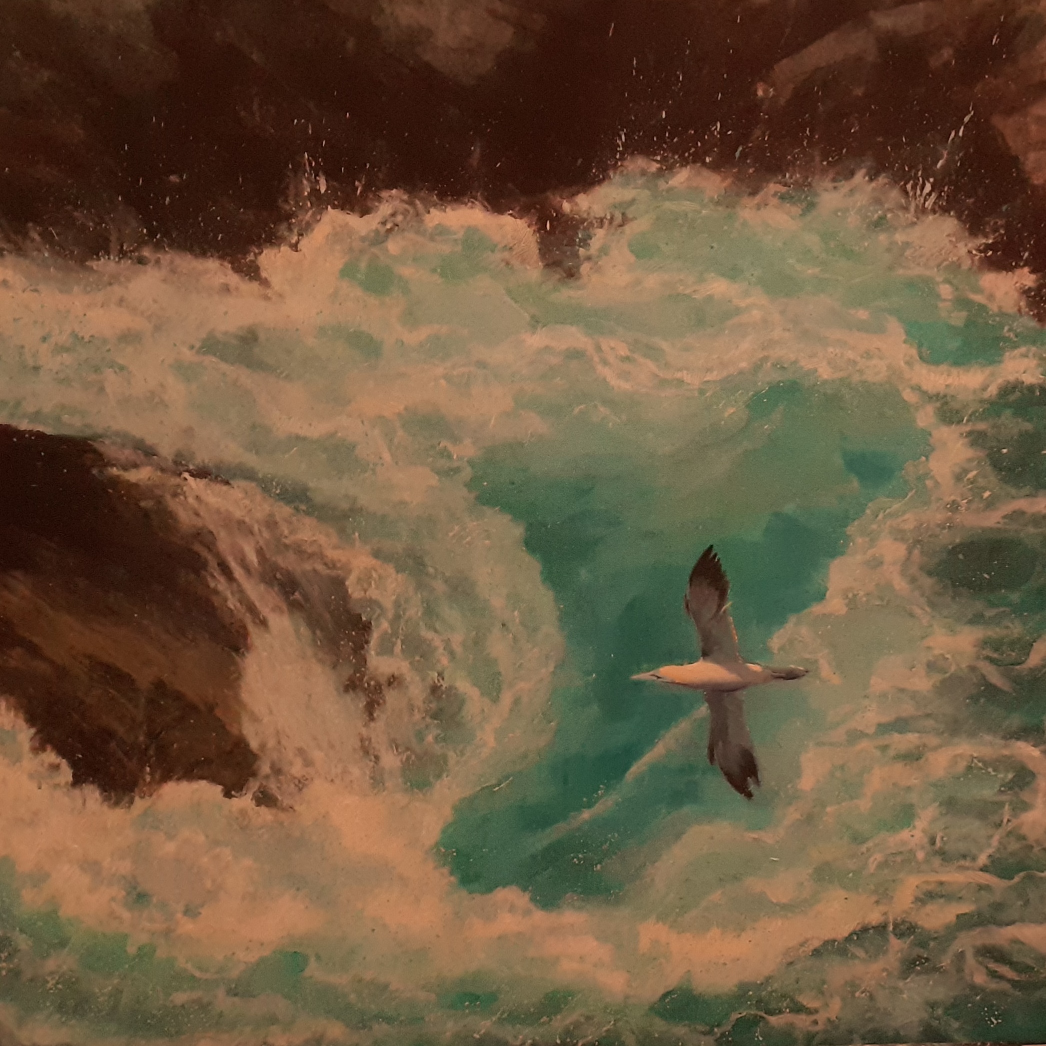 Painting of gannet over stormy cove